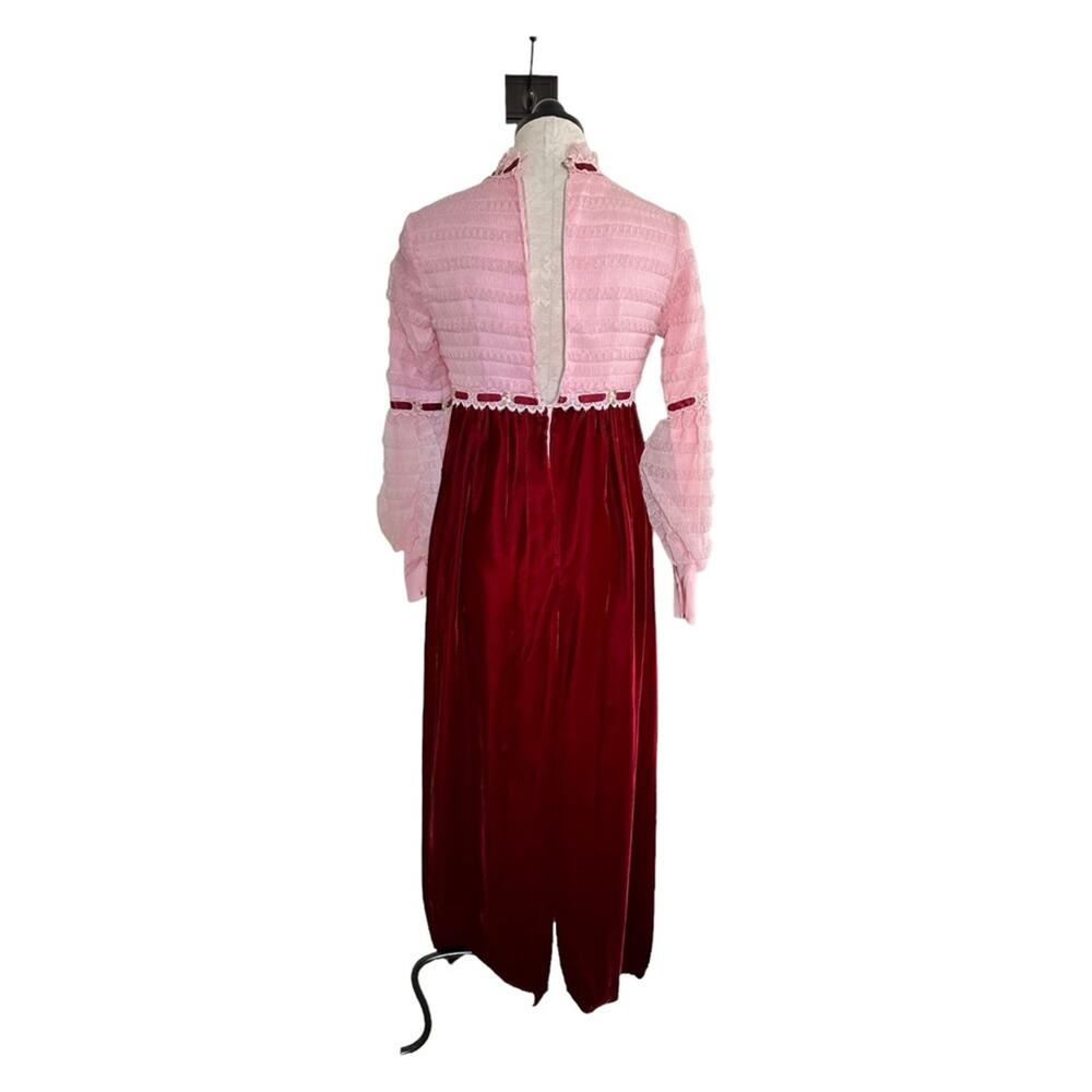 Vintage 1960's Juniors Formal Pink & Burgundy Long Dress Velvet & Nylon Size 7/8 - Picture 3 of 13